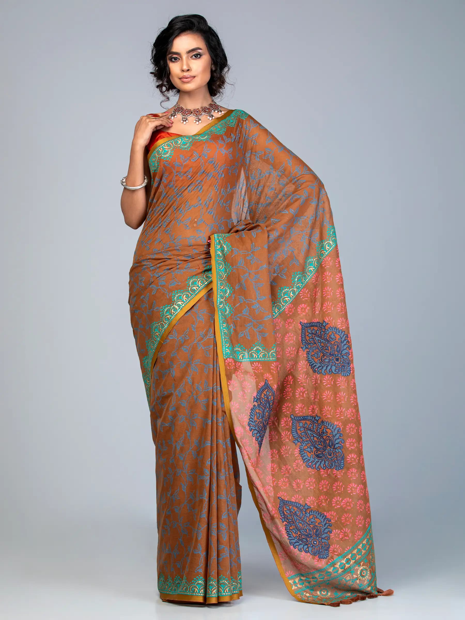 Teal Paisley Block Print Cotton Saree detail view