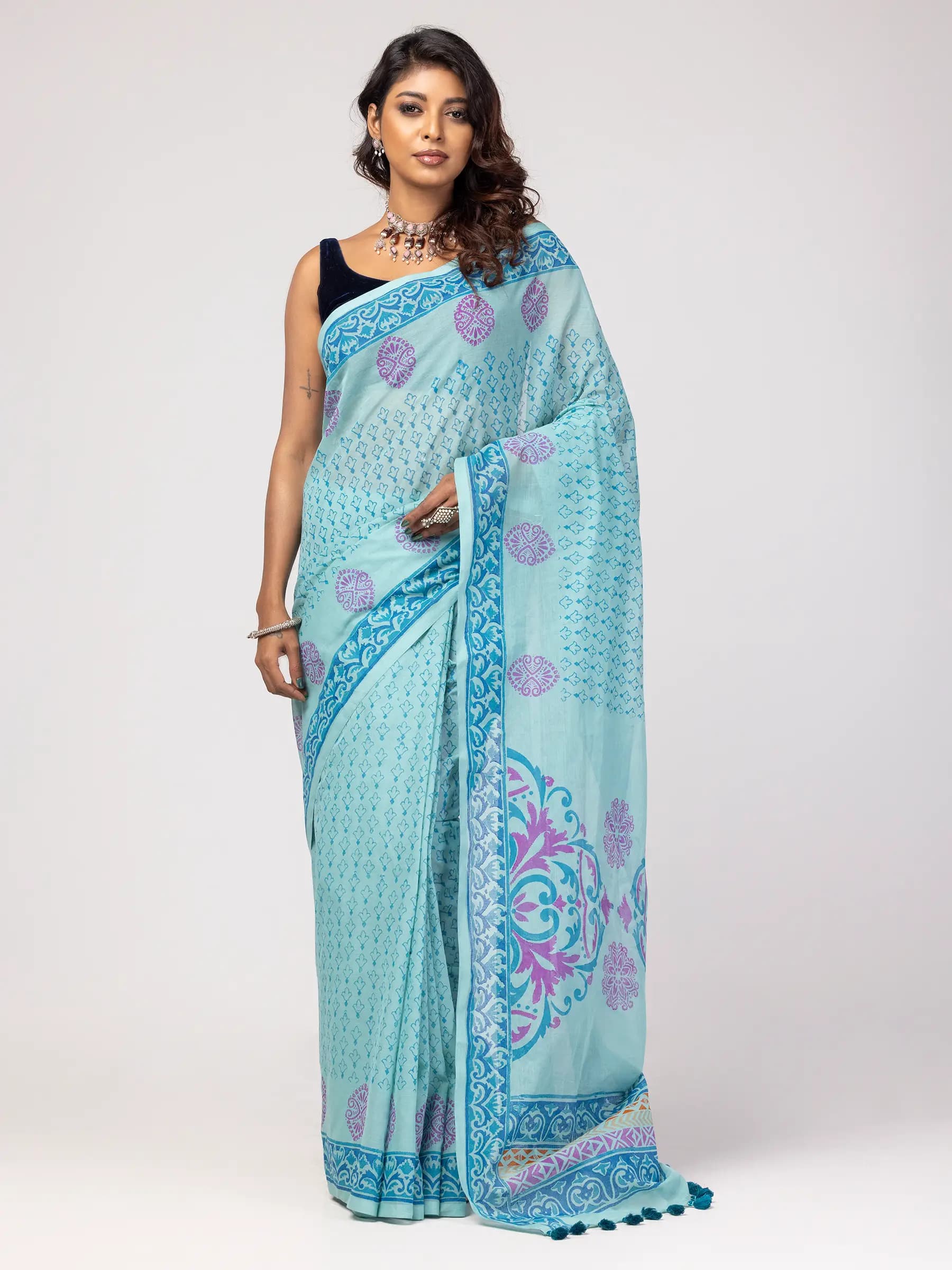 Sky Blue Floral Block Print Silk Saree detail view